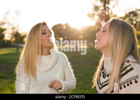 Two young women in the park on a sunny day. Smiling happily and playing with bubble gum bubbles. Stock Photo