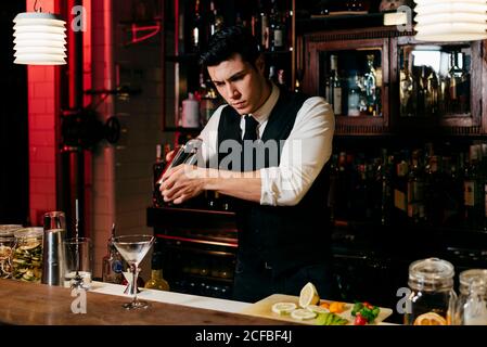 Young elegant barman working behind a bar counter mixing drinks in a shaker Stock Photo
