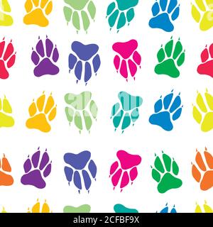 Bright multicolored paw print dog imprint seamless pattern, vect Stock Vector