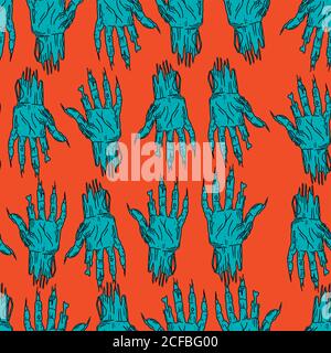 Halloween palm zombie dead man seamless funny pattern, cartoon s Stock Vector