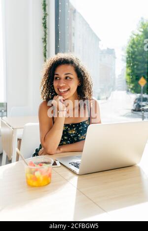 Woman using laptop in cafe Stock Photo