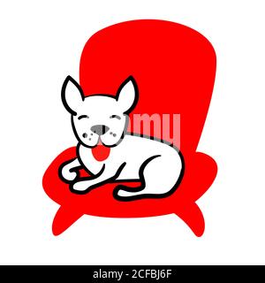 Funny french bulldog in red chair card on white background. Outline domestic dog seat in armchair flat vector illustration. Home pet cares simple line icon style. Doodle logo for zoo sitter. Stock Vector