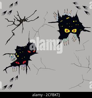 Hand drawn monsters peeping out of cracks in the wall,vector hal Stock Vector