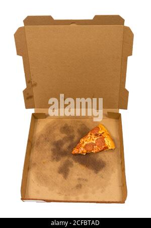 Vertical overhead shot of the last slice of pepperoni pizza left in delivery box isolated on white background Stock Photo
