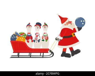 Comic Santa and bowling pins in sleigh vector icon Stock Vector