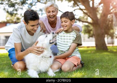 Mother and her sons playing with their dog in the garden Stock Photo