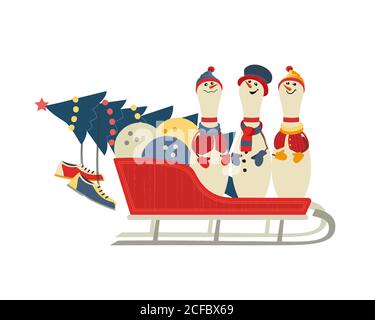 Cute Christmas bowling pins in sleigh vector icon Stock Vector