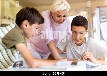 Mother helping her kids doing homework at home Stock Photo