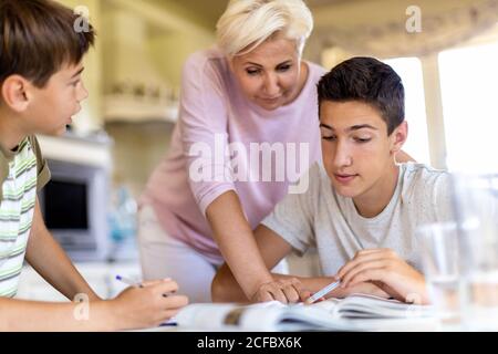 Mother helping her kids doing homework at home Stock Photo