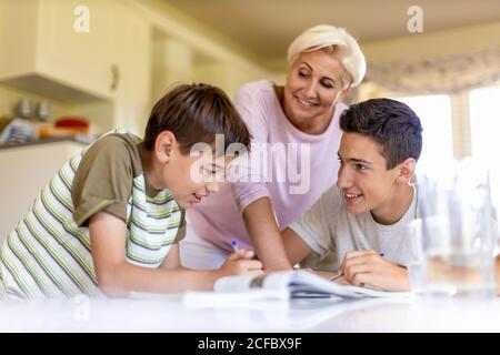 Mother helping her kids doing homework at home Stock Photo