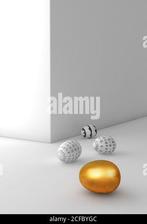 Easter eggs next to a golden egg on white background Stock Photo