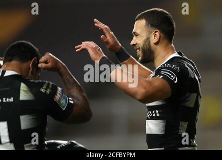 Hull FC's Carlos Tuimavave celebrates scoring his side's second try of the game during the Betfred Super League match at Emerald Headingley Stadium, Leeds. Stock Photo