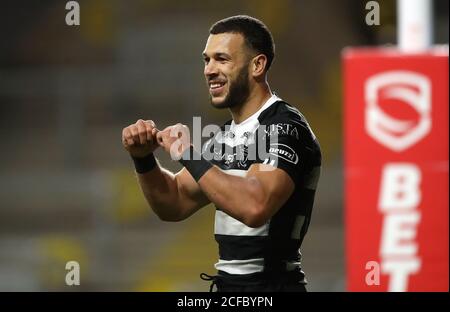 Hull FC's Carlos Tuimavave celebrates scoring his side's second try of the game during the Betfred Super League match at Emerald Headingley Stadium, Leeds. Stock Photo