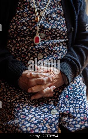 Detail of hands of elderly Woman with osteoarthritis Stock Photo