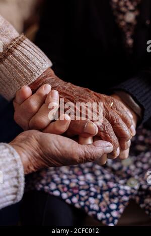 Detail of the wrinkled hands of an elderly couple Stock Photo