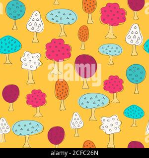 Garden pattern with different fruit doodle trees. Seamless vector background. Stock Vector