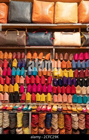 Fes, Fes el Bali Medina, leather shop, morocco,fes, North Africa, babouche, balgha, slippers Stock Photo