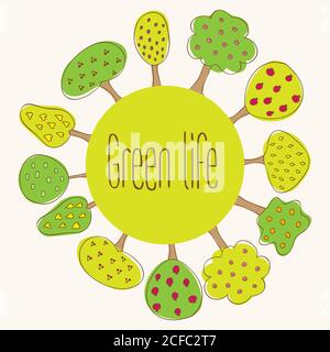 Round frame with different garden fruit trees - healthy green life concept - hand-drawn doodles. Vector illustration. Stock Vector