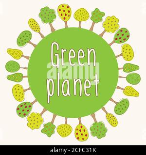 Round frame with different garden fruit trees - healthy green life concept - hand-drawn doodles. Vector illustration. Stock Vector