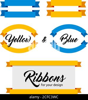 Design elements - Set of flat ribbons and banners. Different shapes. Vector illustration. Flat style. Ribbons isolated on white. Blue and yellow web b Stock Vector