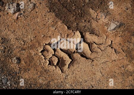 From above dry brown ground surface with cracks and spots on daytime Stock Photo