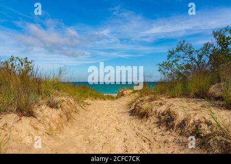 Pathway to Kemil Beach on a beautiful September morning.  Indiana Dunes National Park, Indiana, USA Stock Photo