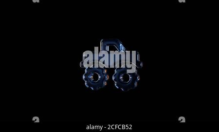 3d rendering glass symbol of monster truck isolated on black background with light blue and orange reflection