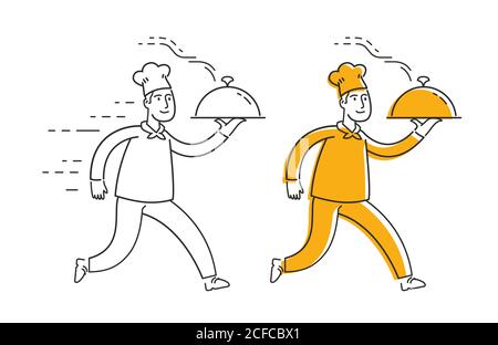 Restaurant, diner symbol. Chef cook carries restaurant cloche Stock Vector