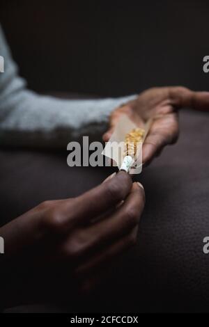 Cropped unrecognizable ethnic person hands rolling up marijuana cigaret Stock Photo