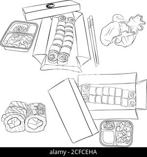 Sushi maki in a box to go. Traditional Japanese food. Sushi set objects, chopsticks, wasabi, ginger, soy. Line art vector illustration isolated on white background. Coloring book Stock Vector