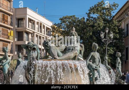 Fountain Rio Turia on Square of the Virgin Saint Mary, Valencia Tourist Attraction Stock Photo