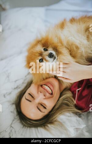 Young happy smiling attractive Woman in pajamas lying in bed with little fluffy dog Stock Photo