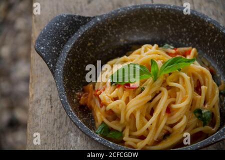 Another Italian typical dish from the region of Campania, this is called Pasta allo Scarpariello Stock Photo