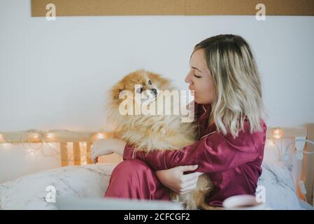 Young happy smiling attractive Woman in pajamas sitting in bed with little fluffy dog Stock Photo