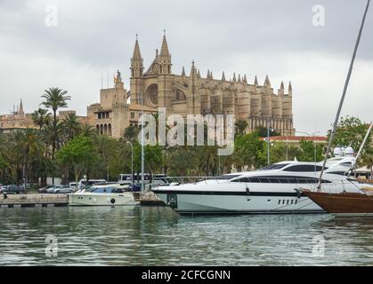 Cathedral Basilica Santa Maria of Palma de Mallorca views from the Real Club Nautico Palma, with some boats in front Stock Photo