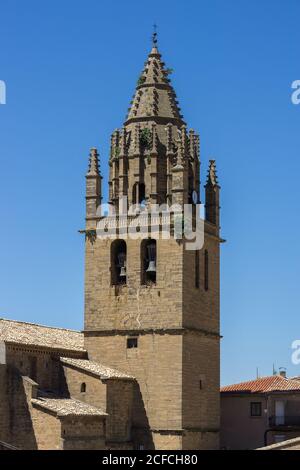 church bell tower Late 16th century late Gothic building of San Esteban built in the village of Loarre Aragon Huesca Spain, near Loarre Castle Stock Photo