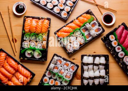 Appetizing delicious colorful sushi served table in restaurant Stock Photo
