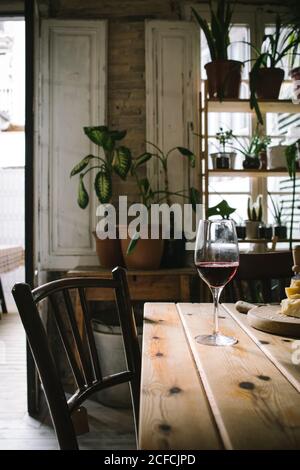 Glasses with red wine placed near cheese on wooden table in rustic restaurant with potted green plants on window Stock Photo