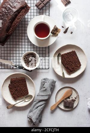 Delicious cake and tea on table Stock Photo