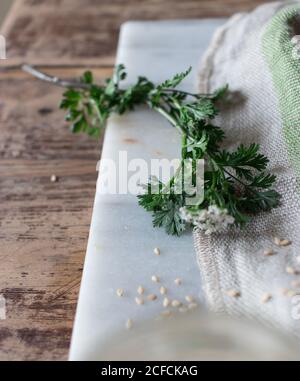 Rustic composition of green stem on board with rough fabric and oat grains on wooden table Stock Photo