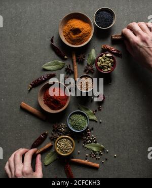 Top view of crop unrecognizable person holding cinnamon sticks near pot with red paprika powder over gray table with set of assorted aromatic spices Stock Photo