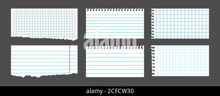 Torn white note set. Notebook paper sheets in a cage, in a line, pieces ripped note. Blank notepad pages. Collection empty piece tears paper, sheets scrapbook. Vector illustration isolated Stock Vector