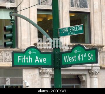 The Fifth Avenue sign outside the New York Public Library, New York City, United States Stock Photo