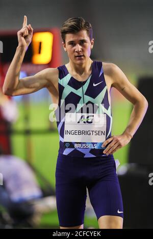 Brussels, Belgium. 4th Sep, 2020. Norway's Jakob Ingebrigtsen celebrates after the 1500m Men at the Diamond League Memorial Van Damme athletics event at the King Baudouin stadium in Brussels, Belgium, Sept. 4, 2020. Credit: Zheng Huansong/Xinhua/Alamy Live News Stock Photo