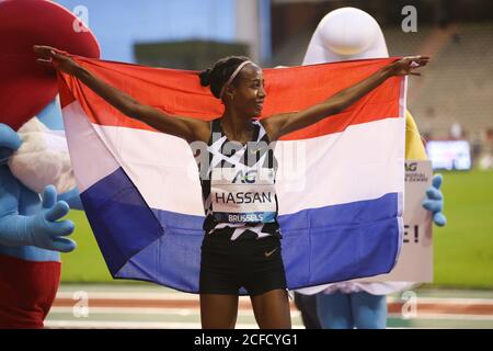Brussels, Belgium. 4th Sep, 2020. The Netherlands' Sifan Hassan celebrates after the One Hour Women at the Diamond League Memorial Van Damme athletics event at the King Baudouin stadium in Brussels, Belgium, Sept. 4, 2020. Credit: Zheng Huansong/Xinhua/Alamy Live News Stock Photo