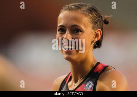 Brussels, Belgium. 4th Sep, 2020. Belgium's Rani Rosius reacts after the 100m Women at the Diamond League Memorial Van Damme athletics event at the King Baudouin stadium in Brussels, Belgium, Sept. 4, 2020. Credit: Zheng Huansong/Xinhua/Alamy Live News Stock Photo
