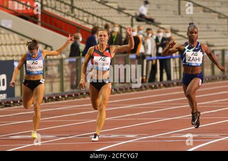 Brussels, Belgium. 4th Sep, 2020. Belgium's Rani Rosius (C) competes during the 100m Women at the Diamond League Memorial Van Damme athletics event at the King Baudouin stadium in Brussels, Belgium, Sept. 4, 2020. Credit: Zheng Huansong/Xinhua/Alamy Live News Stock Photo