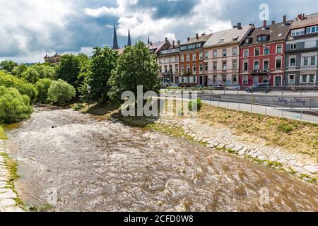 View from the Kronenbrücke on the Dreisam River, Freiburg, Freiburg im Breisgau, Baden-Württemberg, Germany, Europe Stock Photo