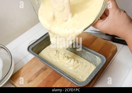 young woman preparing dough to oven pan Stock Photo