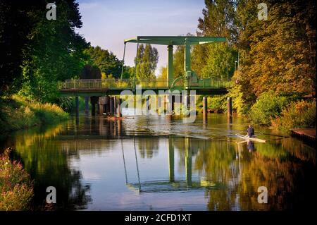 Architecture, technology and nature, evening light, old lifting bridge over the Ilmenau, Bardowick, Lower Saxony Stock Photo